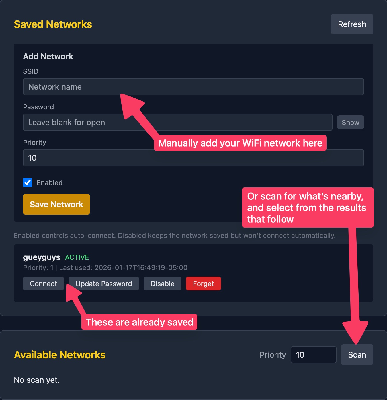 WiFi saved networks and scan